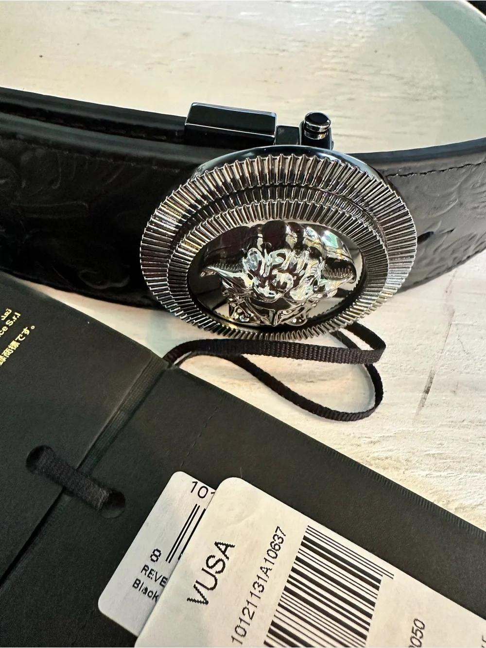Versace Unisex Reversible Black Embossed Leather Belt with Silver Medusa Buckle